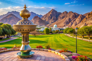 792) Landscape of Muscat, Oman with Muttrah incense burner, Middle East. Mountain landscape of Muscat, Oman. Park with giant incense Frankincense Burner near the coast of Muscat. A monument built on a hill above Riyam Park to celebrate Oman`s 20th National Day.
