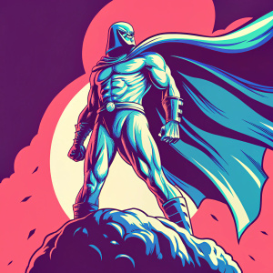 A digital illustration of a DC Comics superhero figurine. The character is in a dynamic pose, muscular with flowing cape. Detailed textured base and dramatic theme. Dark background