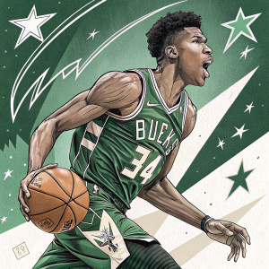 Digital tribute artwork for Giannis Antetokounmpo. Dynamic composition with stylized graphic elements, bold lines, vibrant green and white color palette.
