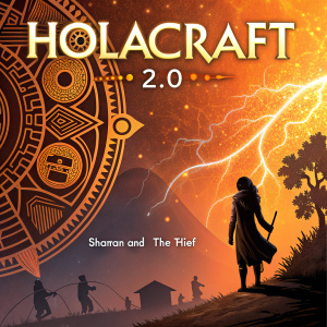 Cover art for 'Holacraft 2.0: The Shaman and The Thief'. Bright orange and black colors, title 'HOLACRAFT 2.0' in bold, futuristic font, digital illustration focusing on intricate patterns and vivid colors.