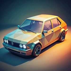 Low Poly [car WV Polo]:: Soft colors, Hyper-realistic, Detailed rendering, Depth of field, Hyper-detailed, 64k, High resolution, Light/shadow contrast.