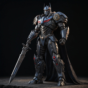 High-definition photo of a futuristic robot warrior, inspired by Optimus Prime, against a sleek black backdrop. The robot, clad in dark metallic armor, wielding advanced weaponry, and displaying intricate mechanical details, stands in a heroic pose.