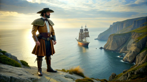Spanish captain explore Francisco Pizarro standing on the seaside cliffs, with a majestic sailing boat anchored in the background.