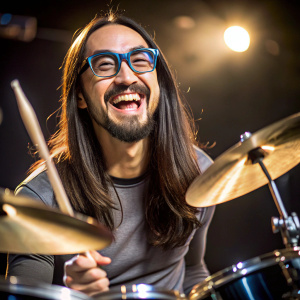 Steve aoki con lentes de jhon lennon y ojos risueños tocando la batería 