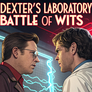 Movie poster for 'Dexter's Laboratory: Battle of Wits'. Dexter and Inspector Gadget face off in a futuristic lab, surrounded by neon circuits. Comic book style, bold colors, dynamic lines, and playful text highlighting the gadget-filled action.