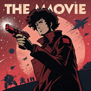 Poster for Cowboy Bebop Movie. Spike Spiegel, central figure, in silhouette with a futuristic pistol. Red and black hues dominate. Bold comic book style text: THE MOVIE. Background features starry cosmos and spaceship remnants