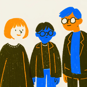 Red background featuring Homestuck characters. Rose Lalonde with short hair, John Egbert and Dave Strider, each with distinct appearances.
