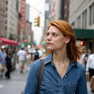 Claire Danes, auburn hair, fair skin, in a casual denim shirt. Strolling through the bustling streets of New York City.
