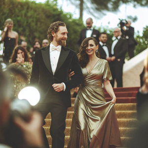 Tom Hiddleston and Susannah Fielding, dressed elegantly, posing for photos at a bustling gala. Hiddleston in a black tuxedo with a crisp white shirt and neatly groomed beard. Fielding exudes glamour in a flowing metallic gown. Surrounded by a sea of similarly dressed guests and flashing cameras.