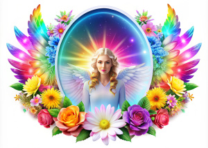 crea un hermoso ovalo largo vertical para fotos vacio luminoso 3d con una hermoso Angel sonrriente con alas luminosas y coloridas, a un lado del ovalo con una deadema de flores en la cabeza   coloridas y con dos rosas hermosas coloridas y 3 flores blancas 3d realistas al rededor con destellos de luces coloridas con estrellas en un fondo totalmente blanco con un hermoso y un colorido Corazon grande y una hermosa estrella 3d el fondo de la imagen totalmente blanco