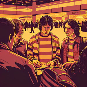 McFly band members, casually dressed in plaid and stripes, signing autographs at HMV in a bustling shopping mall.