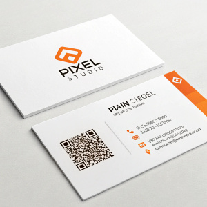 Professional business cards for Pixel Studio. Modern design with QR code on white background, orange logo.
