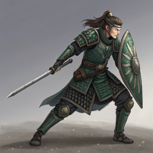 Digital art of a young male warrior from an Asian-inspired fantasy world. Wearing traditional armor in shades of green and dark tones, he stands in a dynamic pose ready for battle. Simple gray background.