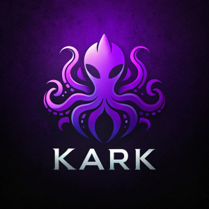 logo con fondo negro, color morado opaco, un pulpo y de texto pon "KARK" (COLORES OPACOS)
