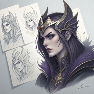 Digital concept art of Morgana from League of Legends, showcasing intricate sketches in a fantasy art style. Varying sizes and positions, against a minimalist gray backdrop.