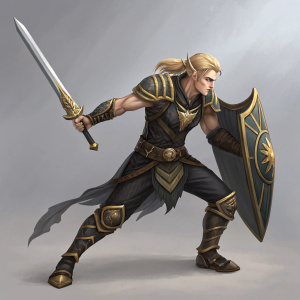 Illustration of a male elf warrior, blonde hair, muscular build, dark outfit with gold details, fighting pose, focused look, plain gray backdrop.