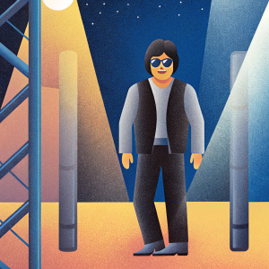 Jackie Chan, Asian action star, standing solo on a vibrant yellow background. He wears a stylish black vest and sunglasses. Pose is casual yet dynamic, slight smile, bright studio lighting.