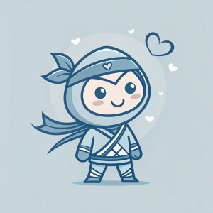 Logo design for CupidNinja.com. Playful cartoon-like ninja with a friendly smile. Soft muted blue tones on a light grey background.