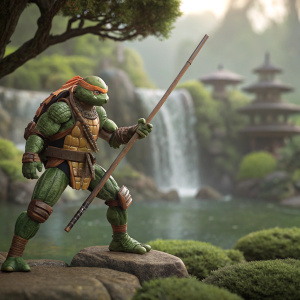 A detailed figurine of Michelangelo from Teenage Mutant Ninja Turtles. Standing in a combat pose, holding a long staff. The background is a green garden setting with waterfalls and trees.