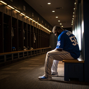 Fernando Rodney in a quiet locker room. Clad in a blue jersey with number 56, sitting alone, staring at the floor.