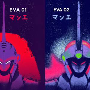 Collection of Neon Genesis Evangelion posters. Each poster features distinct artwork inspired by the iconic anime series. One section highlights EVA 01 while the other focuses on EVA 02. Text in Japanese
