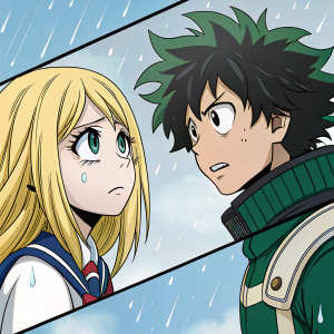 My Hero Academia manga scene. Close-up panel showing a young girl with blonde hair, looking sad, set against a backdrop of light blue and white. Another panel focuses on a strong man in green attire.