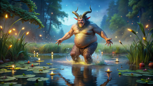 A splash of water. A fat satyr falls into the water. He has horns, hooves on his feet and no pants. Falling into water, splashing water. Lake, at night in moonlight. Fireflies, water lilies, lotuses, reeds, fairy forest, reflection in the water, tall trees. Photo realism.