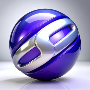Genérame un logo esférico, azul plástico semi transparente, con la letra S unida mescladas muy grande que sobresalga de los lados en color oro en bordes blancos. blanco. Iluminación de estudio de productos FONDO BLANCO