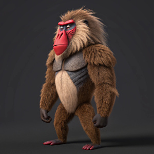 A cartoon baboon with a bold, muscular physique. Brown fur with fluffy texture and red accents on face and body. Upright stance with broad stance. The baboon is digitally rendered, set against a uniform dark grey background.