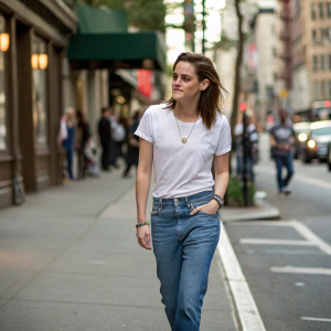 Kristen Stewart in a casual outfit, jeans and a white t-shirt, walking down a busy street in New York City.