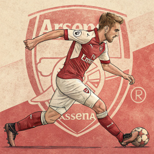 Aaron Ramsey, from Arsenal, running and kicking a ball. The image has a vintage, hand-drawn cartoon style. The background is a faded red with Arsenal logo.