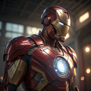Close-up view of Iron Man's chest plate. Detailed arc reactor glowing brightly against sleek metal surface.