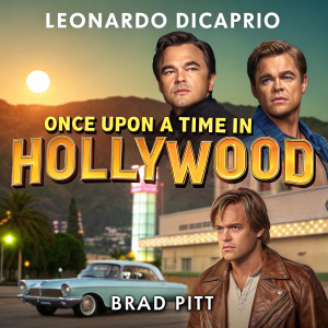 Quentin Tarantino's 'Once Upon a Time in Hollywood' trailer. Starring Leonardo DiCaprio and Brad Pitt. Vibrant montage of scenes, showcasing 1960s Los Angeles. Title and cast names displayed in retro font.