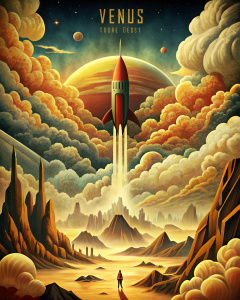 A vintage travel poster for Venus in portrait orientation. The scene portrays the thick, yellowish clouds of Venus with a silhouette of a vintage rocket ship approaching. Mysterious shapes hint at mountains and valleys below the clouds. The bottom text reads, 'Explore Venus: Beauty Behind the Mist'. The color scheme consists of golds, yellows, and soft oranges, evoking a sense of wonder.