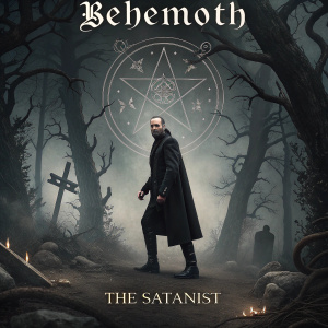 Album cover for Behemoth's 'The Satanist'. Dark, gothic art style. Frontman Nergal, black outfit, demonic imagery, and mystical symbols.