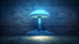 Minimalist Wall, perfect lines, Atomic mushroom cloud graffiti in the style of street art aesthetic, cute cartoonish designs