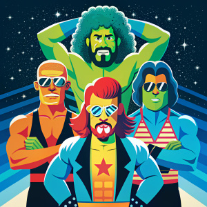 hulk hogan, macho man randy savage, ultimate warrior and andre the giant as a rock band