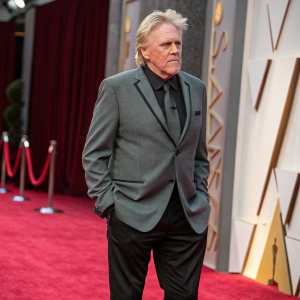 Gary Busey, serious expression, at award ceremony. Wearing gray blazer, black dress pants, and matching tie.