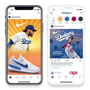 Screenshot of Instagram feed featuring sponsored posts from Nike and LA Dodgers. Bright, colorful layout.