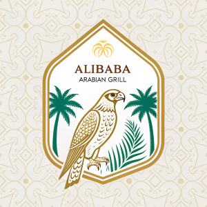Logo design for 'Alibaba Arabian Grill', featuring a golden falcon holding a date palm leaf, set against a backdrop of traditional arabesque patterns.