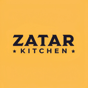 Zatar Kitchen's logo - bold, modern design with sans-serif font. Dark letters on vibrant yellow. Minimalist palette.