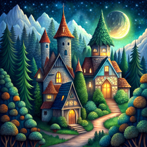 Fairy-tale characters, forest houses, Moon, stars
