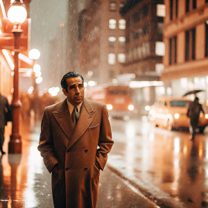 American actor Humphrey Bogart, with a dark, sophisticated suit, standing alone on a busy New York City street at night.
