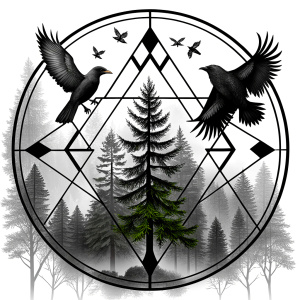 vegvisir runes geometric symbol - odin with ravens and trees - tattoo design - perfect realistic art - high-definition - grey and black - white background 