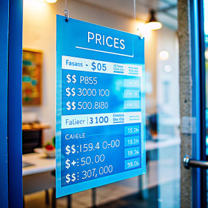 Price list, without prices, sticked on glass door