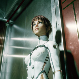Rei Ayanami from Neon Genesis Evangelion. Young face with intense gaze. Wearing a futuristic white bodysuit with intricate cable details. Set against a sleek metallic backdrop, evoking a high-tech atmosphere. Detailed 3D rendering showcasing advanced textures and dynamic lighting.