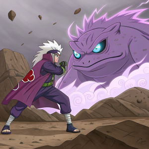 Digital art of Jiraiya from Naruto, battling a massive, purple entity on a rugged terrain