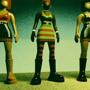 3D digital art featuring female characters from Crash Bandicoot 4: It's About Time. Punk-themed attire, vibrant hues, and bold accessories. Dark, gradient background. Each character in a unique pose.