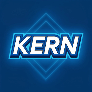 A vibrant logo for Kern. Bold, sans-serif typeface in a crisp white font on an electric blue backdrop.
