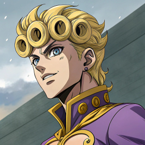 Giorno Giovanna, from JoJo's Bizarre Adventure, striking a determined pose. Unique hairstyle with many curls. Detailed facial features. Illustration style